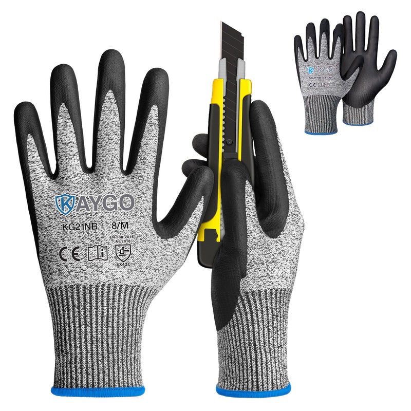 KAYGO 2 Pairs A3 Cut Resistant Gloves for Men and Women, ANSI Cut Level A3 Nitrile Micro-Foam Safety Gloves KG21NB, Durable, Ideal for Wood Carving, Glass Handling, Construction, Fishing, M, Grey - Image 1